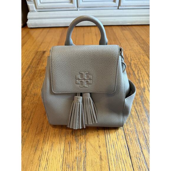 Tory Burch Thea Mini Backpack Womens Gray Pebbled Leather Tassel Drawstring - Picture 1 of 8